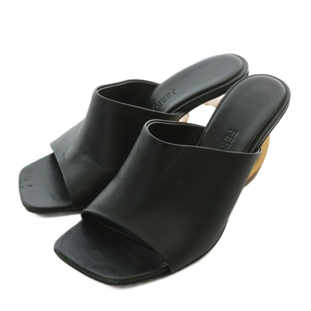 サルヴァトーレフェラガモ Salvatore Ferragamo ミュール サンダル レザー オープントゥ スクエア ヒール ガンチーニ ゴールド金具 5 22.5cm 黒 ブラック XZ GY19