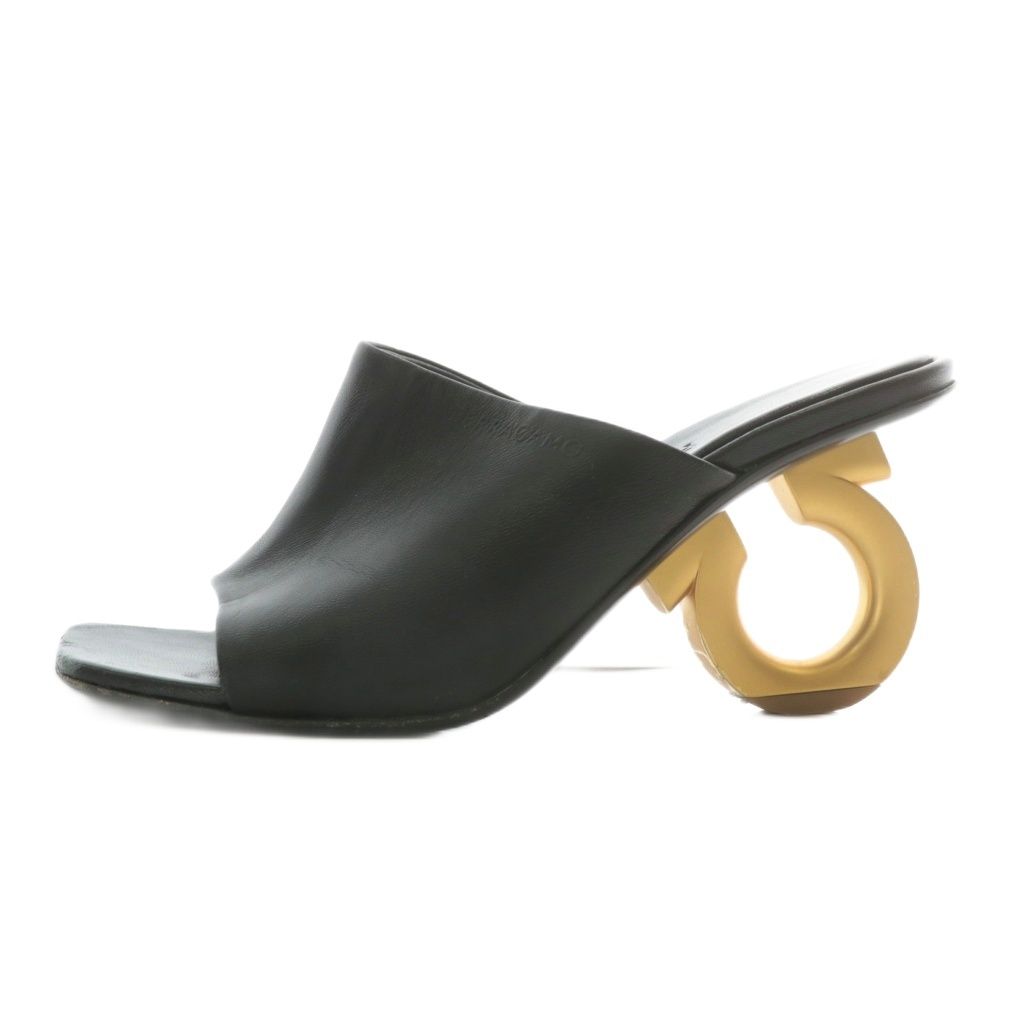 サルヴァトーレフェラガモ Salvatore Ferragamo ミュール サンダル レザー オープントゥ スクエア ヒール ガンチーニ ゴールド金具 5 22.5cm 黒 ブラック XZ GY19