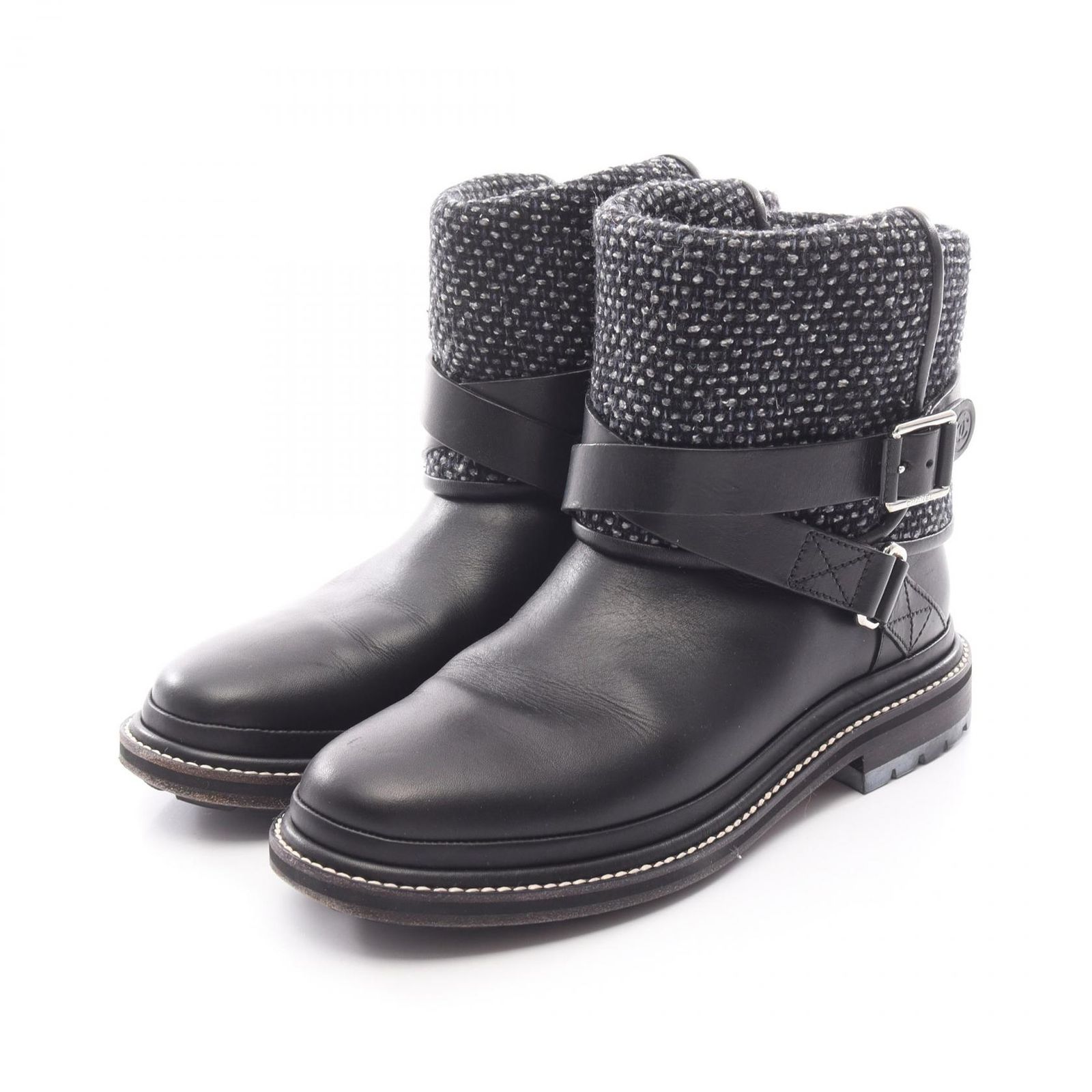 シャネル CHANEL ブーツ ココマーク G 30155 ブラック ブルー ファブリック レザー ツイード エンジニア レディース A