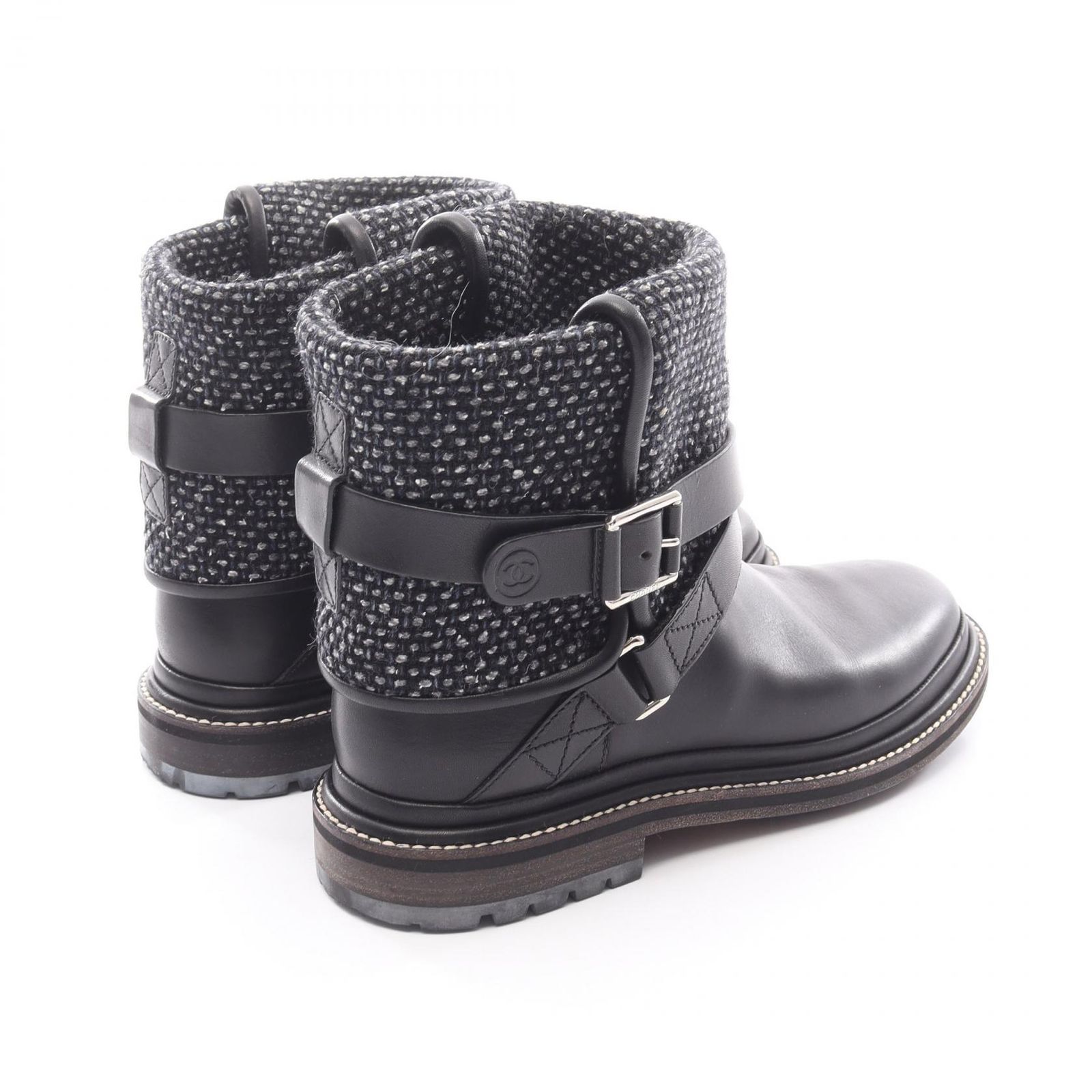 シャネル CHANEL ブーツ ココマーク G 30155 ブラック ブルー ファブリック レザー ツイード エンジニア レディース A