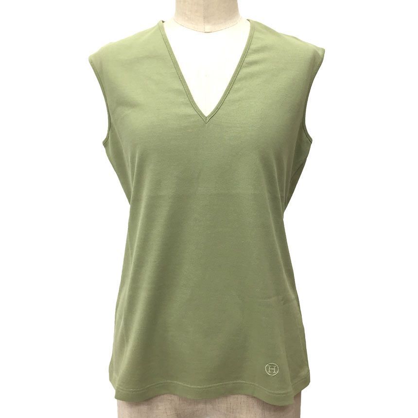 HERMES エルメス ノースリーブ カットソー 34サイズ Vネック コットン カーキ マルジェラ期 aq11892