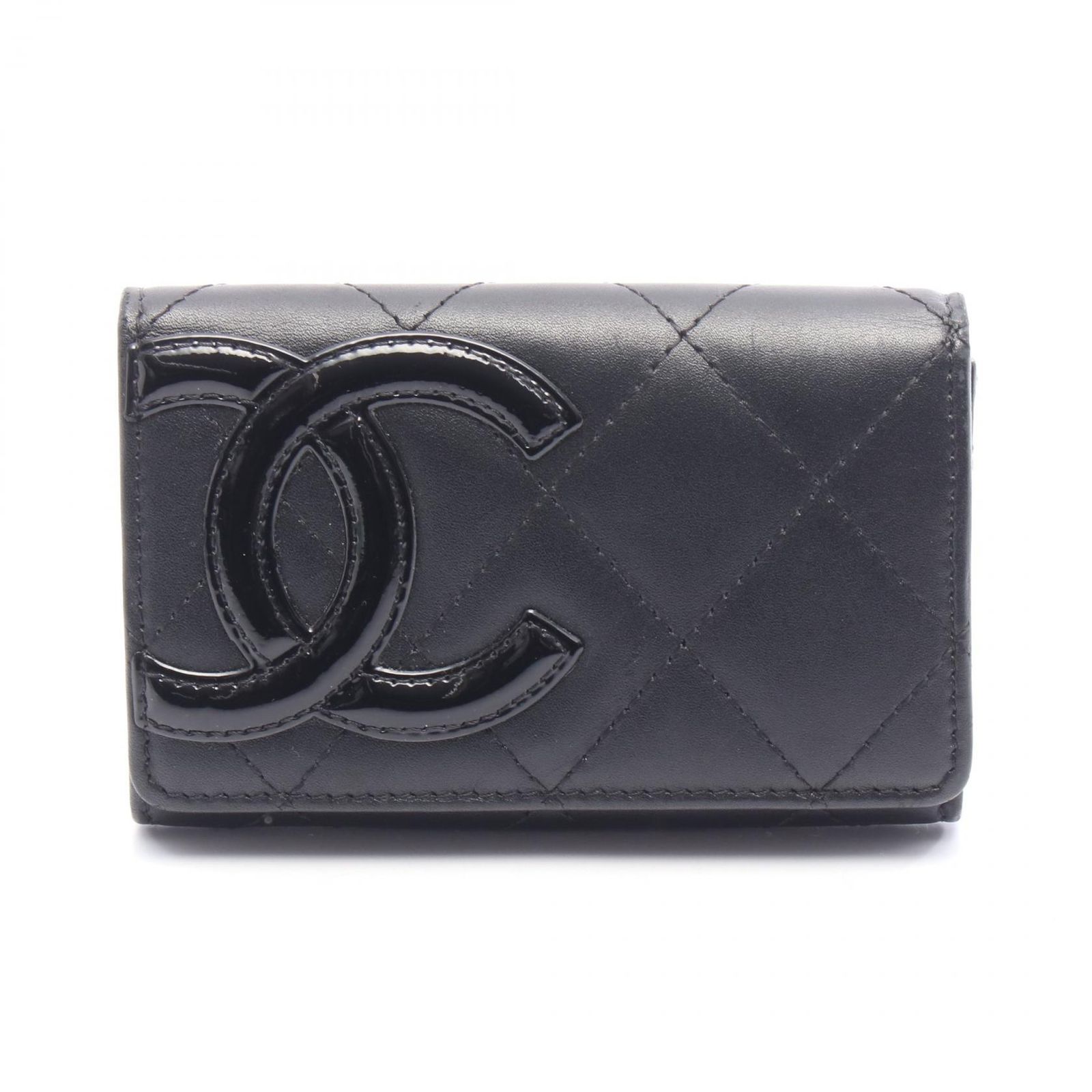 シャネル CHANEL 名刺入れ カンボンライン ホワイト ブラック レザー パテントレザー カンボン 名刺入れ レディース Used B