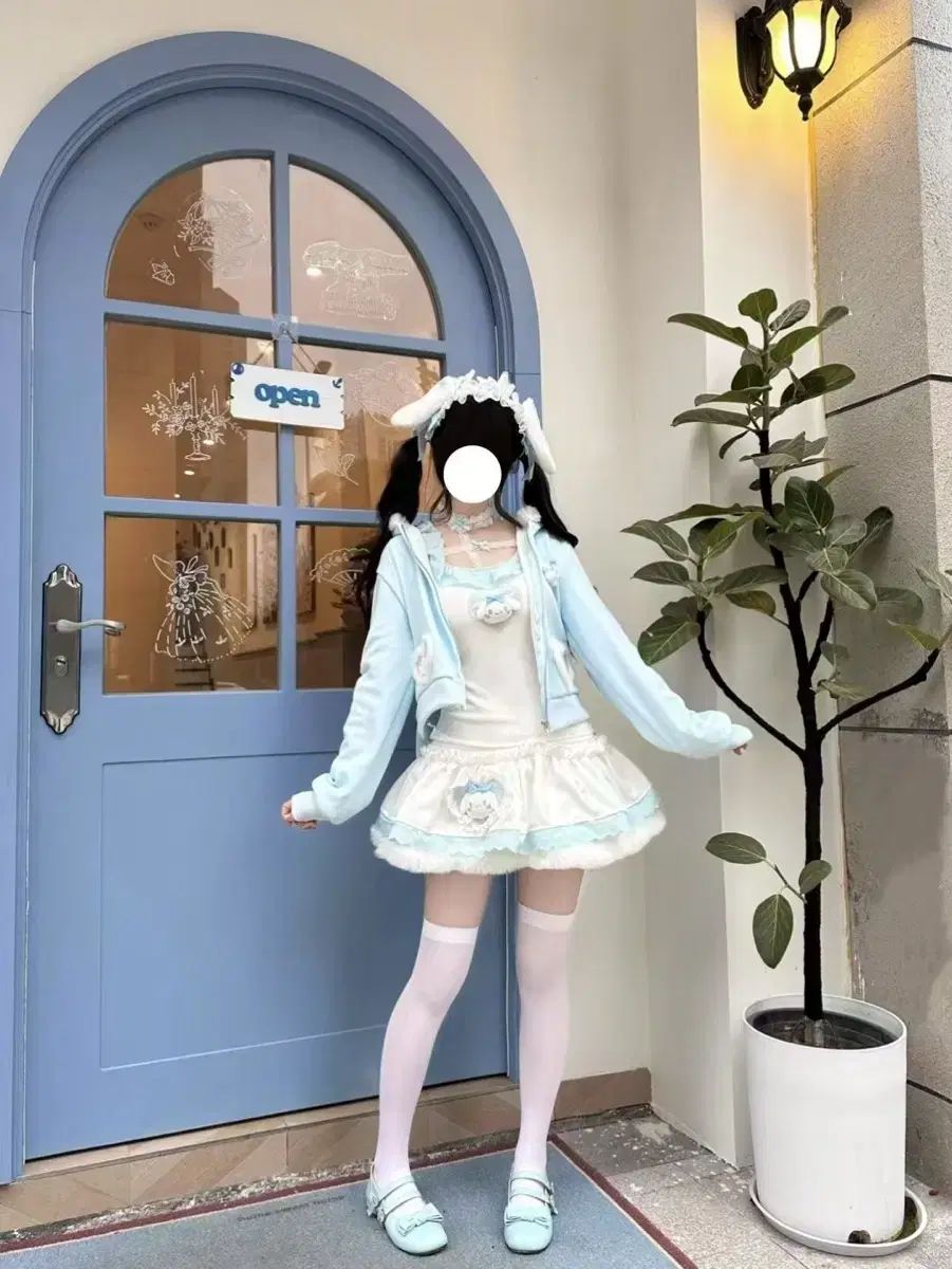  うさぎ耳ブルー y 2 k ロリータ Tシャツ コート セット 長袖 Tシャツ カットソー