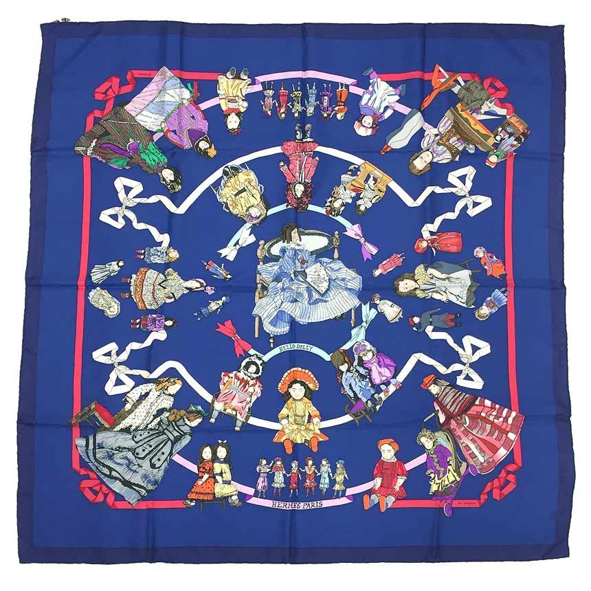 物 HERMES エルメス スカーフ カレ90 HELLO DOLLY ハロードーリー 人形 シルク ネイビー aq11889