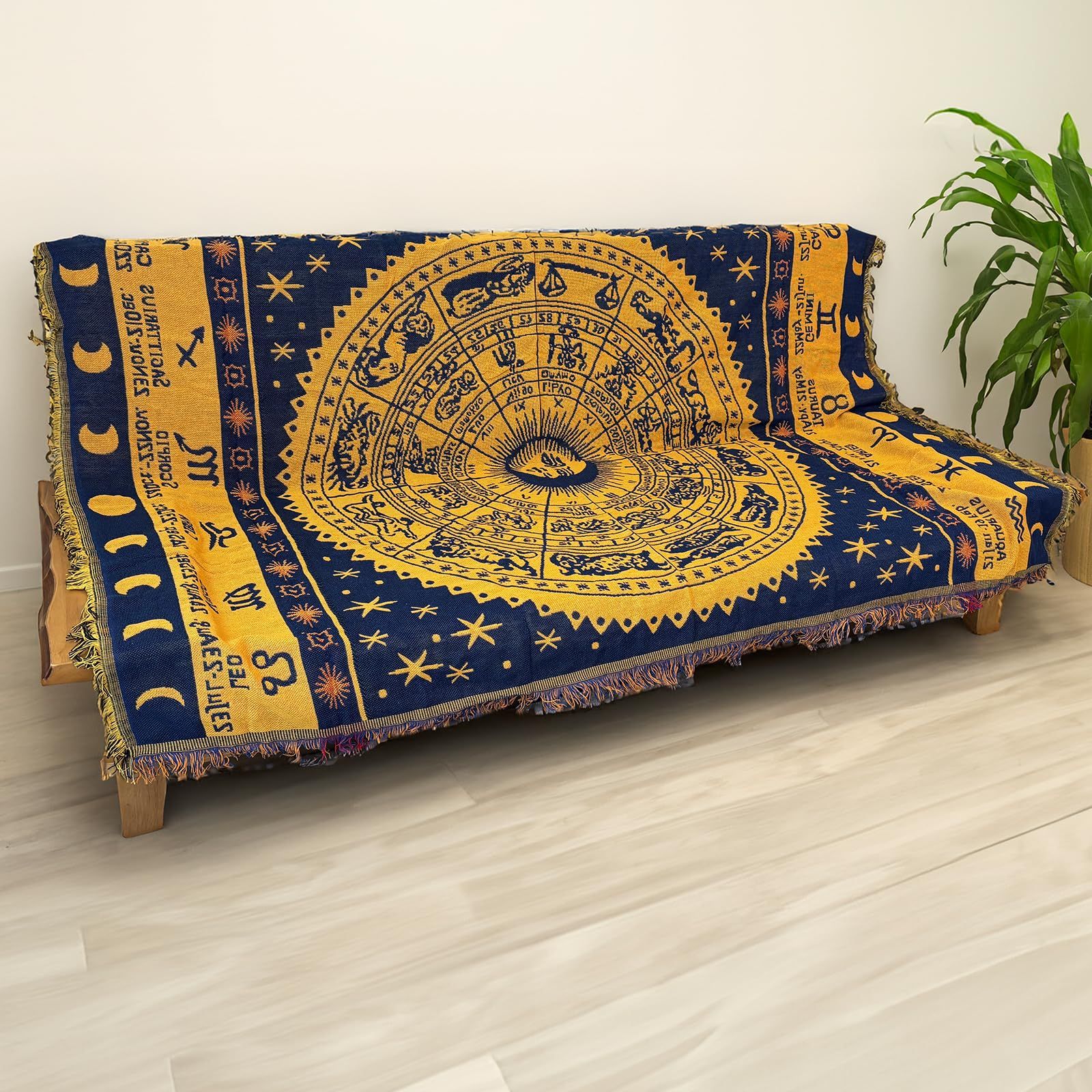 モデルノ ラ テール コットン 素材 130cm×180cm ベッド ソファー マルチ カバー テーブル クロス フリンジ 付き ラグ カーペット マット 北欧 ML-CMC 部屋 ソファ カーペット （十二星座イエロー）