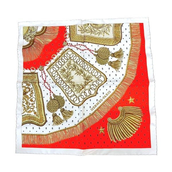 エルメス Hermes カレ45 Poste et Cavalerie シルク オレンジ系 ブランド小物 スカーフ レディース