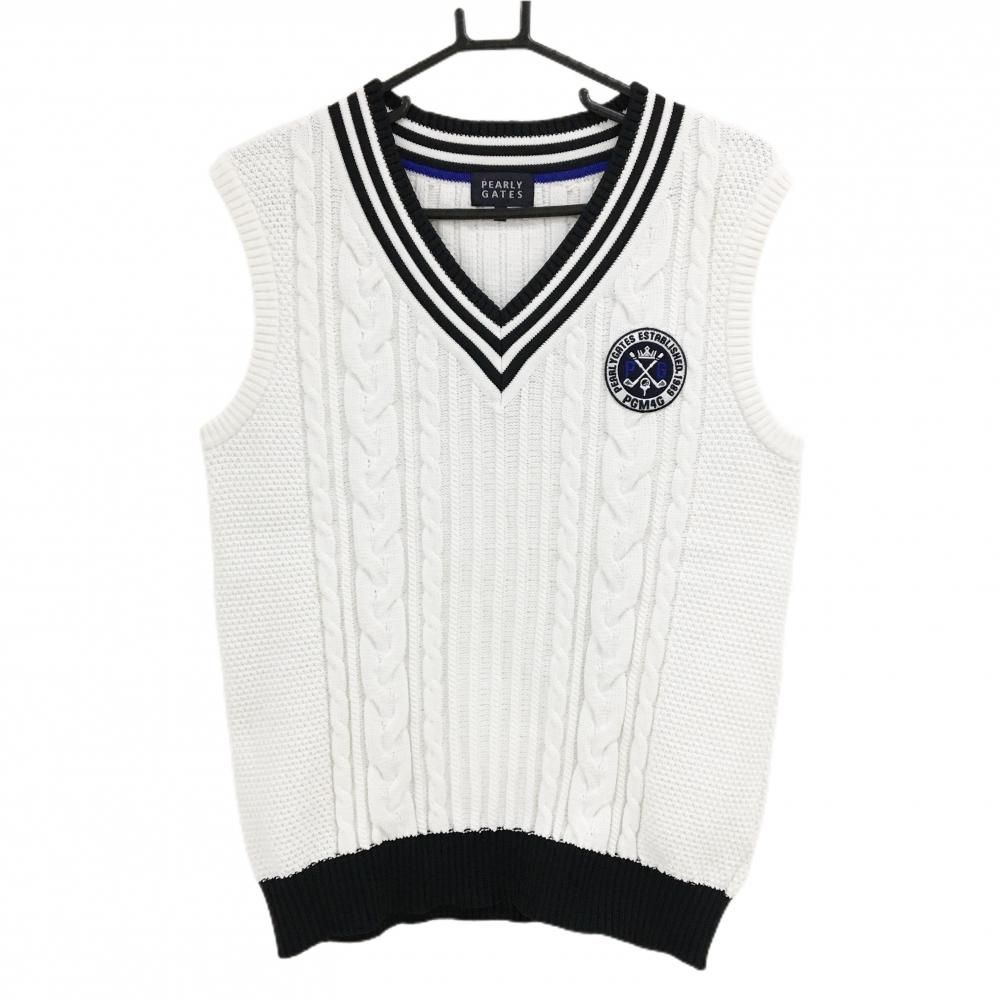 超 パーリーゲイツ ニットベスト 白×ネイビー ケーブル編み Vネック メンズ 4 M ゴルフウェア PEARLY GATES