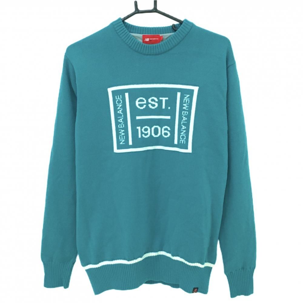 超 ニューバランスゴルフ 裏地付セーター グリーン×白 フロントロゴ ウール混 ニット メンズ 4 M ゴルフウェア New Balance
