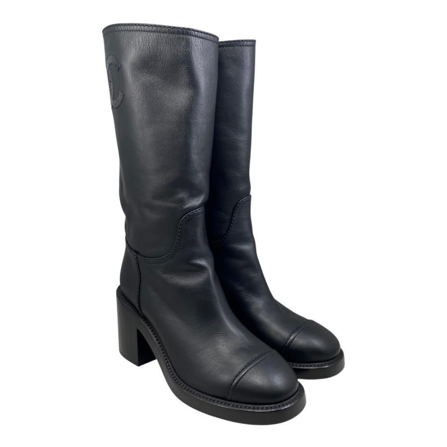 E 4533 シャネル ロングブーツ ココマーク G 39614 レザー ブラック CHANEL