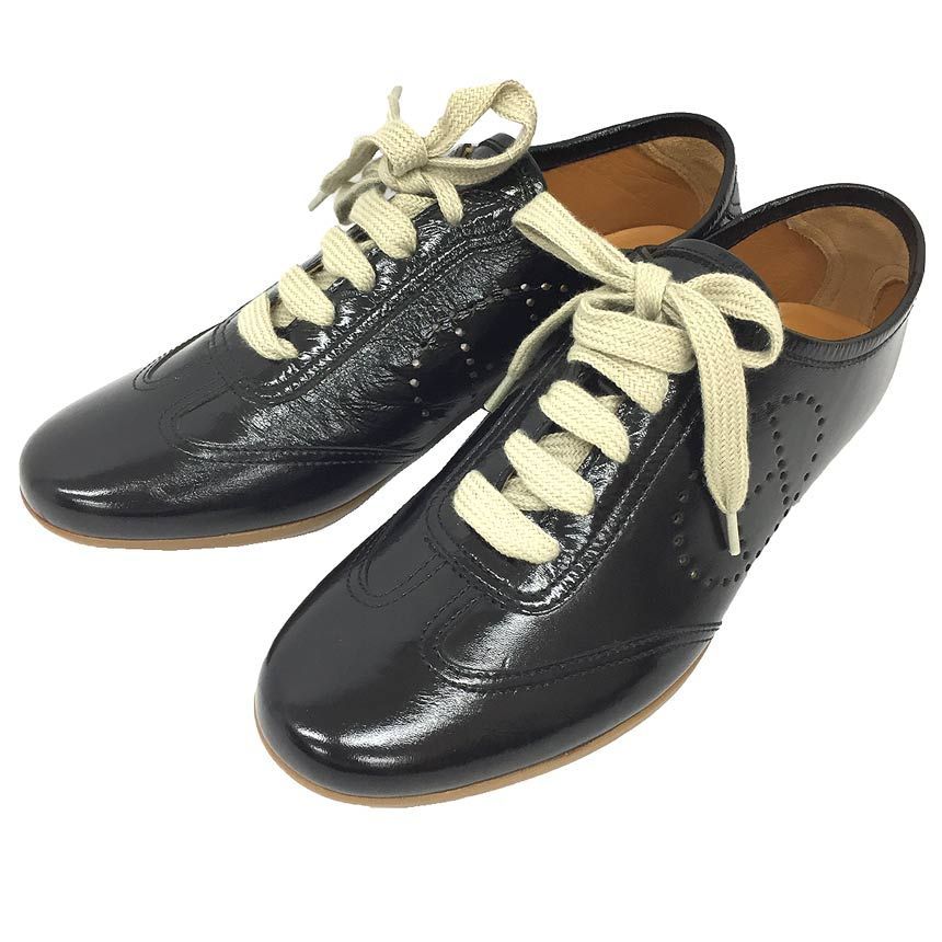 HERMES エルメス パテントレザー フラットシューズ スニーカー サイズ351 2 22.5 cm レディース 靴 ブラック 黒 aq 11891