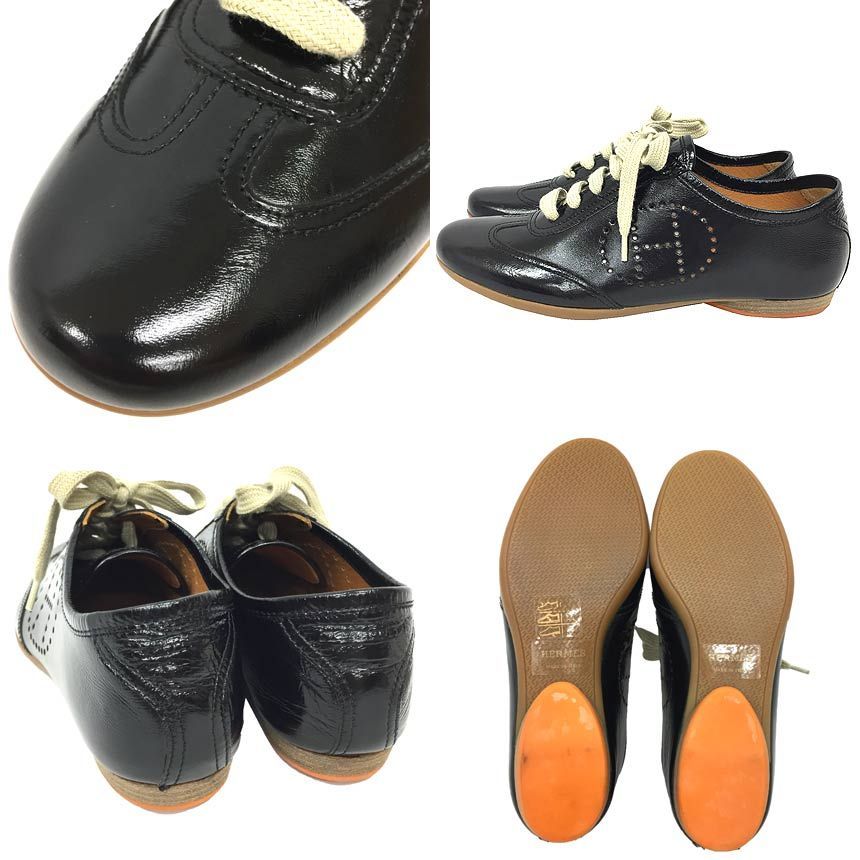 HERMES エルメス パテントレザー フラットシューズ スニーカー サイズ351 2 22.5 cm レディース 靴 ブラック 黒 aq 11891