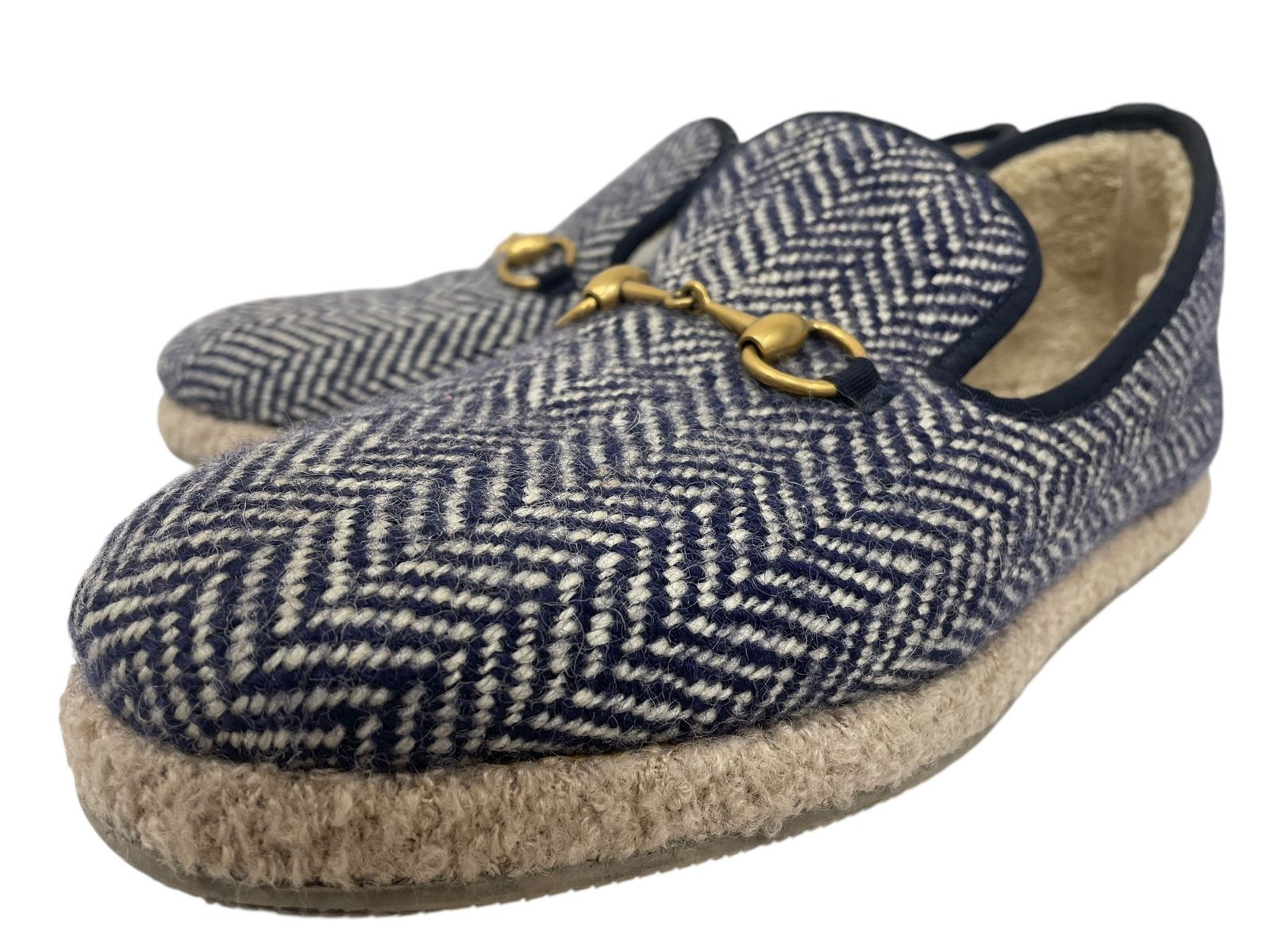 GUCCI グッチ ローファー ホースビット ツイード ヘリンボーン 9 ホワイト ネイビー メンズ 045