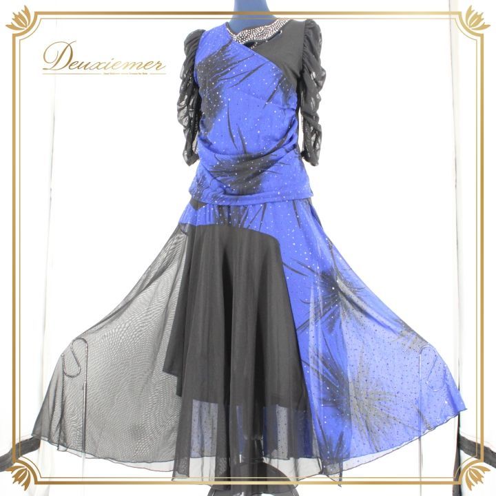 社交ダンス 衣装 上下セット ツーピース パーティ衣装 女性用 オールシーズン 黒 青 ブラック系 ブルー系 ラインストーン レース おしゃれ 伸縮性 ゴムウエスト タンクトップ 夏用 ダンスウェア フォーマル パーティー クリスマス