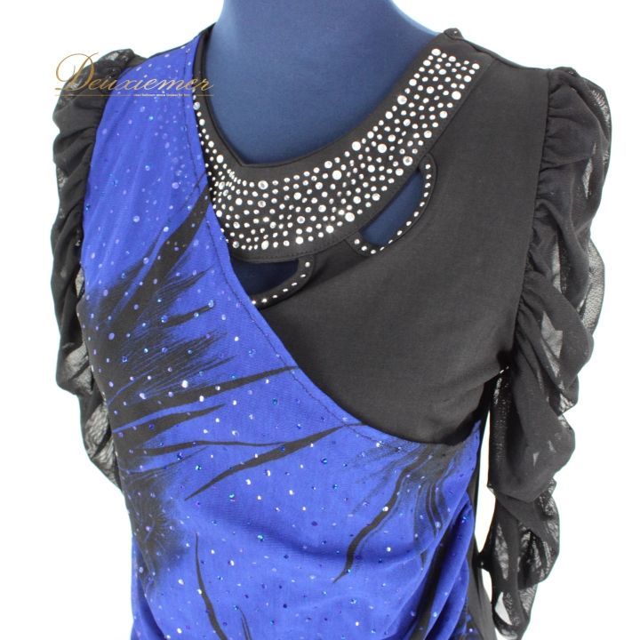 社交ダンス 衣装 上下セット ツーピース パーティ衣装 女性用 オールシーズン 黒 青 ブラック系 ブルー系 ラインストーン レース おしゃれ 伸縮性 ゴムウエスト タンクトップ 夏用 ダンスウェア フォーマル パーティー