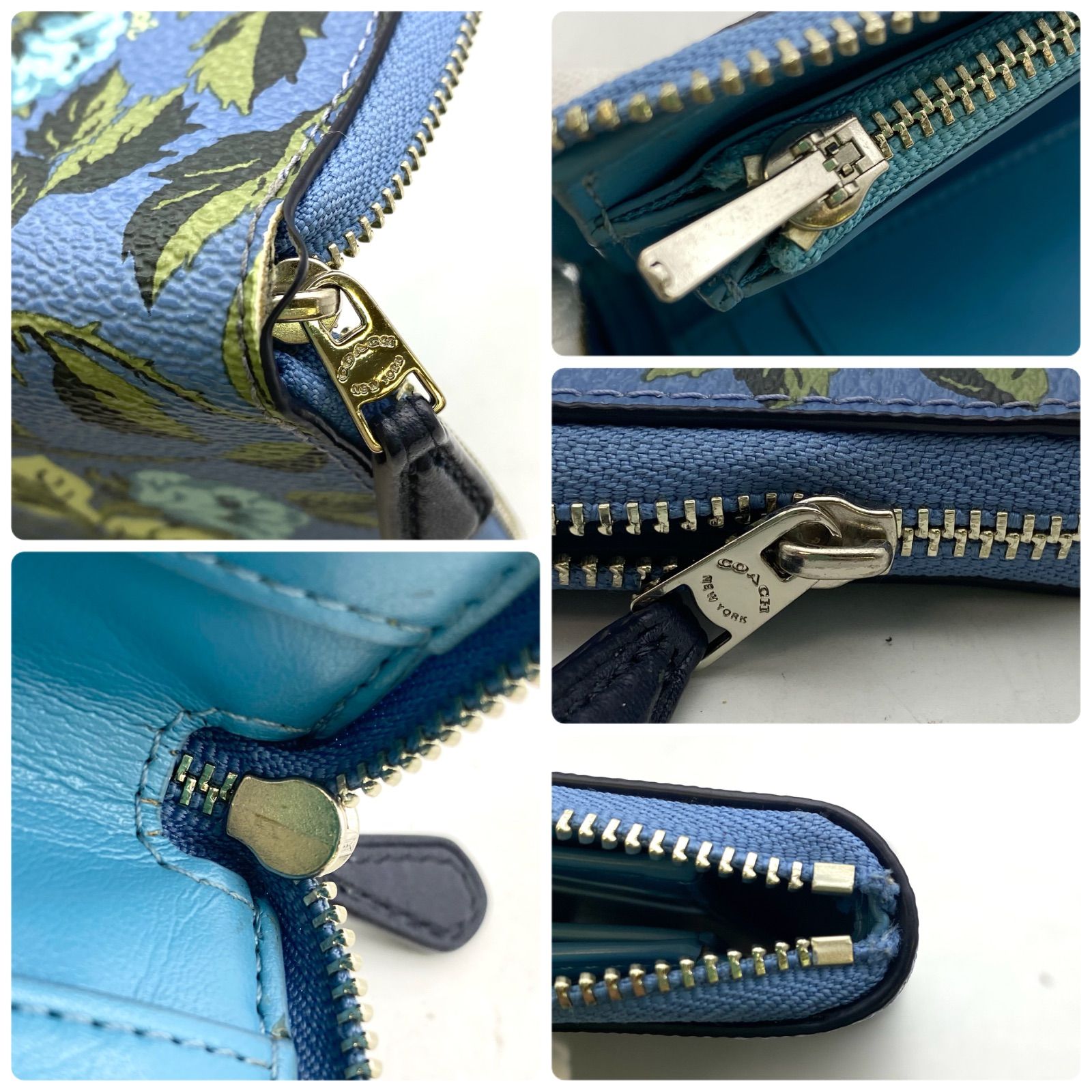 COACH 二つ折り財布 ブルー コーチ ミニ財布 2つ折り財布 花柄 ブルー コンパクト FY95 - メルカリ
