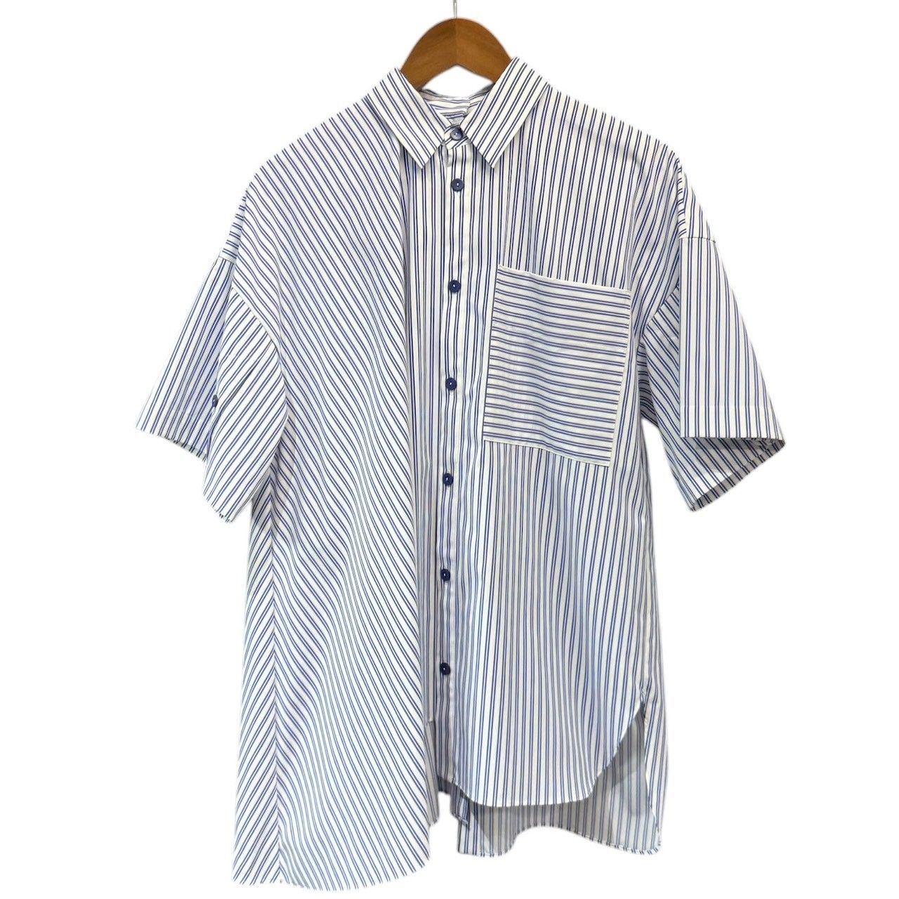 nagonstans ナゴンスタンス 25AW asymmetry shirt アシンメトリーストライプ半袖シャツ 470IA430-0301 M ブルー 15013