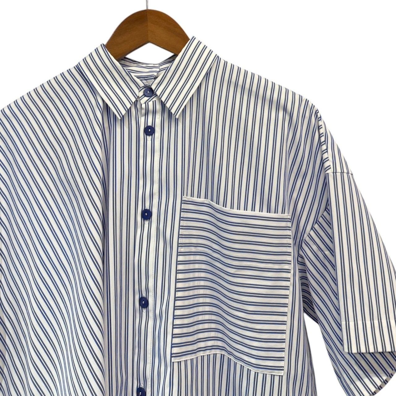  nagonstans ナゴンスタンス 25 AW asymmetry shirt アシンメトリーストライプ半袖シャツ -0301 M ブルー 15013 半袖 シャツ ブラウス