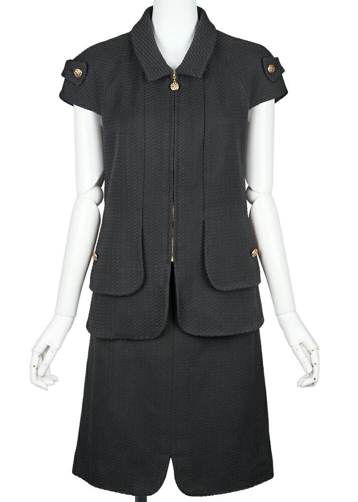 可 CHANEL シャネル ココボタン 半袖 ジャケット スカート セットアップ 38 黒 トップス アウター ボトムス ブランド アパレル