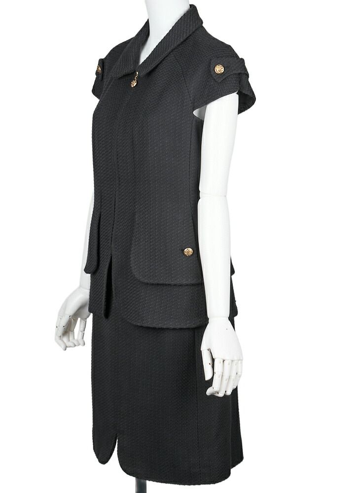 返品可 CHANEL シャネル ココボタン 半袖 ジャケット スカート セットアップ 38 黒 トップス アウター ボトムス ブランド アパレル