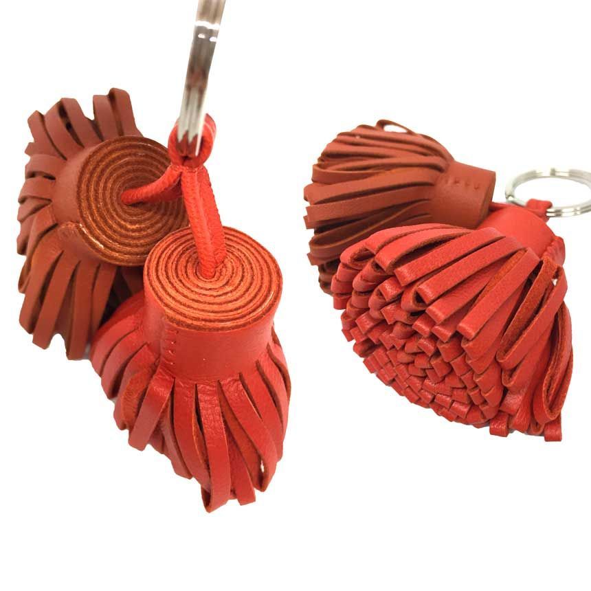 HERMES エルメス カルメンウノドスキーホルダー キーリング キーホルダー チャーム フリンジ レザー オレンジ aq 11871