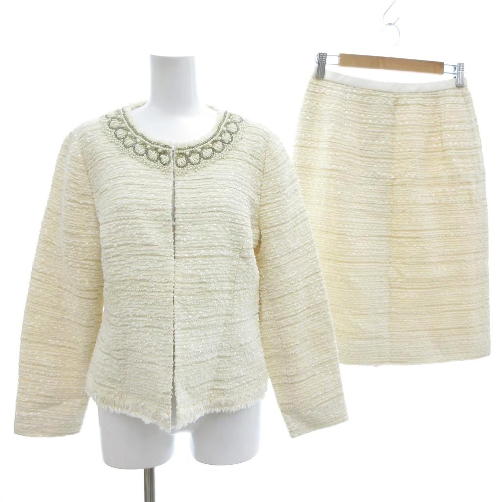 レリアン Leilian セットアップ ジャケット スカート 11 ツイード ビジュー タイト アイボリー AE