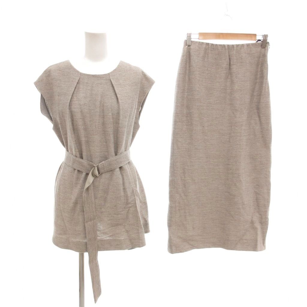 ヨシエイナバ yoshie inaba セットアップ ブラウス スカート 麻 リネン 9 ベルト付 ミモレ ロング ベージュ AE