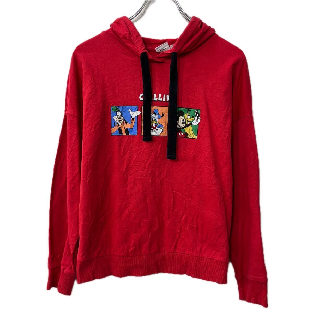 Disney プリントスウェット パーカー M レッド ディズニー フーディー
