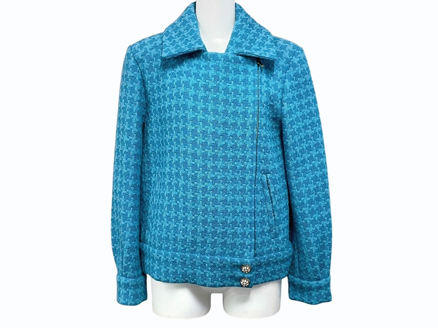 CHANEL シャネル ダブルライダースジャケット P62365V47860 サイズ36 ココマーク ウール ブルー 千鳥格子 4b009249