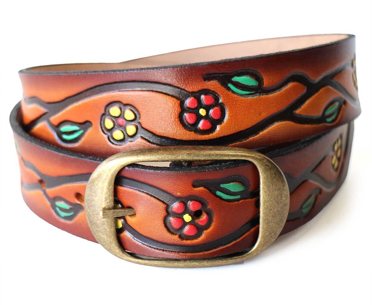 BRACKNEY LEATHER WORKS 小花柄 型押し ペイント レザーベルト ブラウン 34 本革 茶 総柄 フラワー フローラル ヒッピー