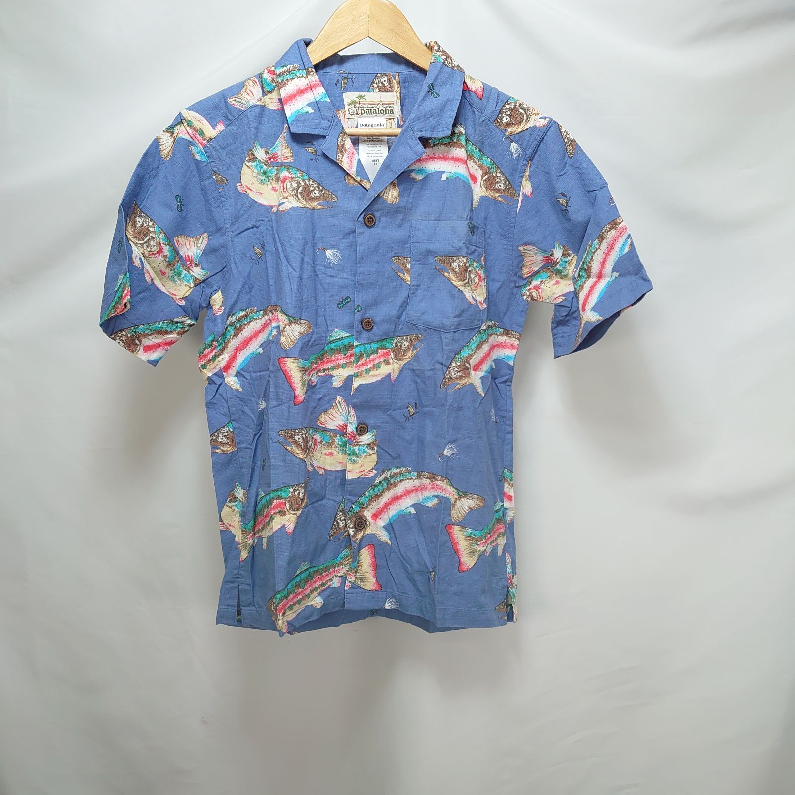 Pataloha パタロハ アロハシャツ ニジマス柄 虹鱒 フィッシュ ペールブルー 半袖 トラウト メンズ Patagonia パタゴニア XSサイズ