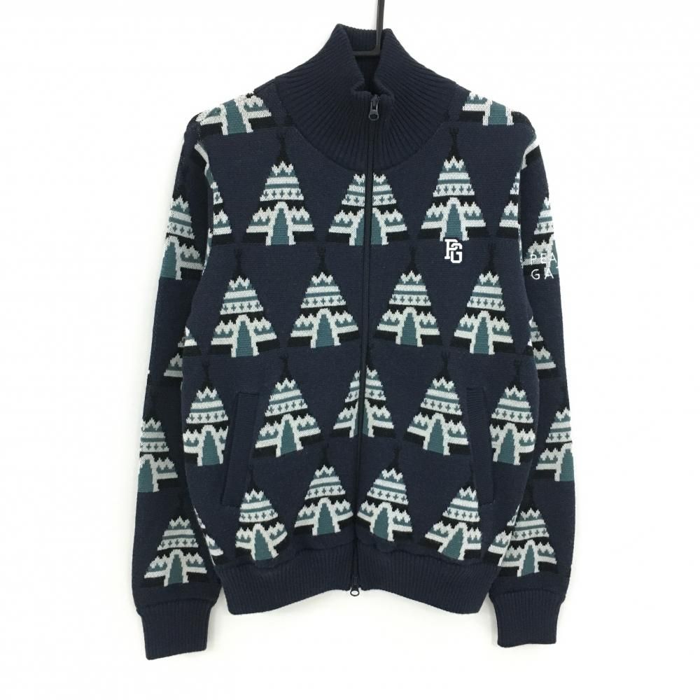 パーリーゲイツ ニットジャケット ネイビー×白 総柄 ウール100％ メンズ 4 M ゴルフウェア PEARLY GATES