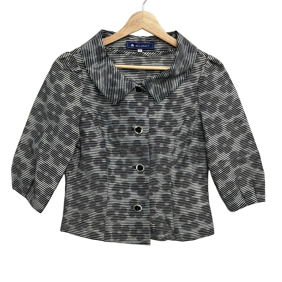 M S GRACY エムズグレイシー ジャケット サイズ38 M レディース - 黒×白 七分袖 ボーダー フラワー 花 春 夏