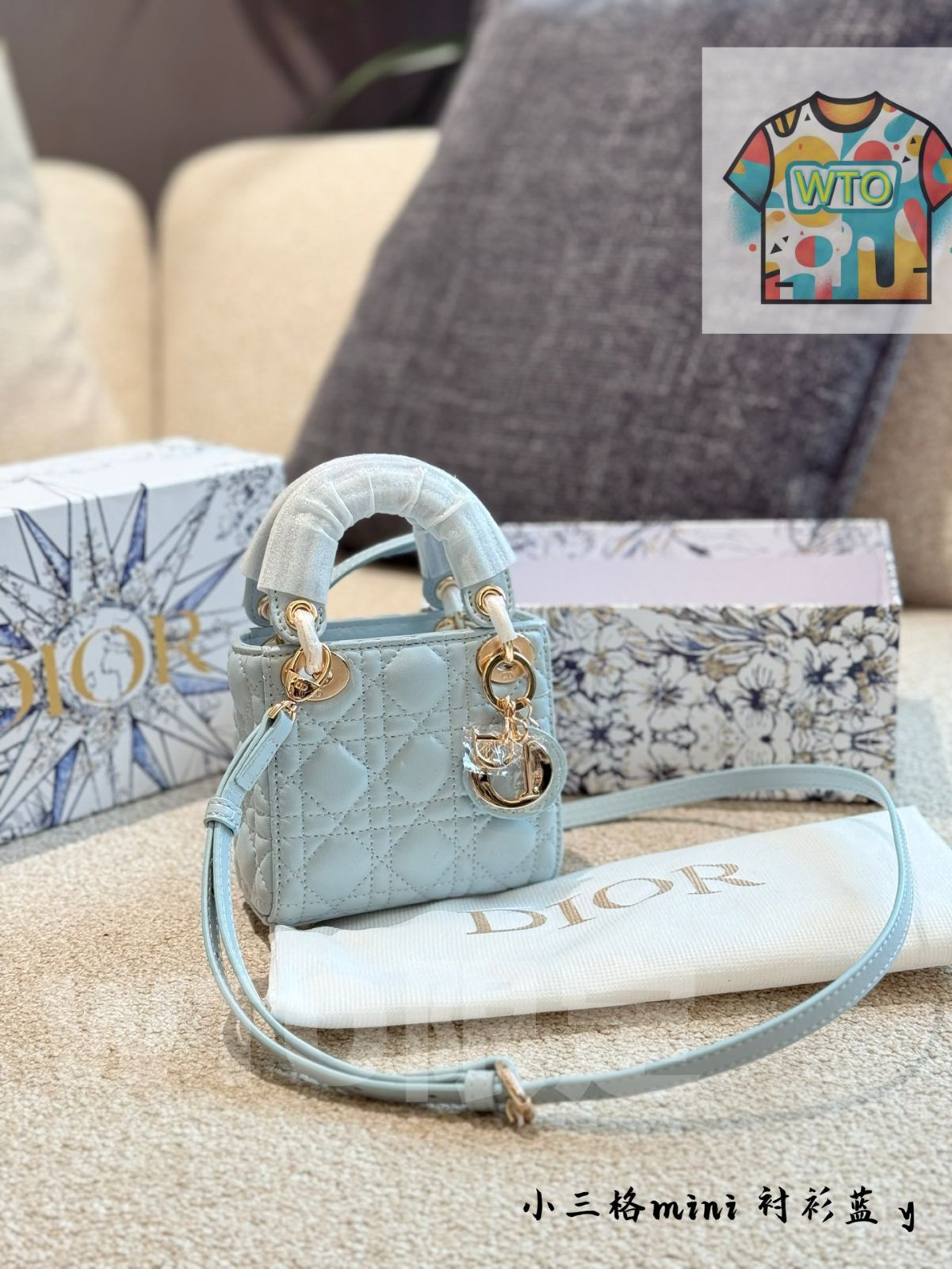 WTO通販 Dior Lady Dior ブルー ハンドバッグ シャツブルー レザー スモールサイズ-WTO輸入-UDD82