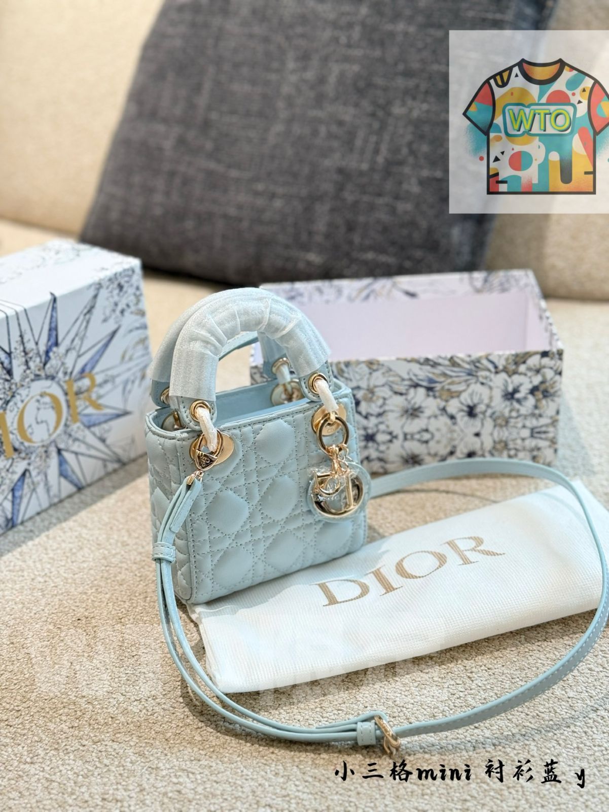 WTO通販 Dior Lady Dior ブルー ハンドバッグ シャツブルー レザー スモールサイズ-WTO輸入-UDD82