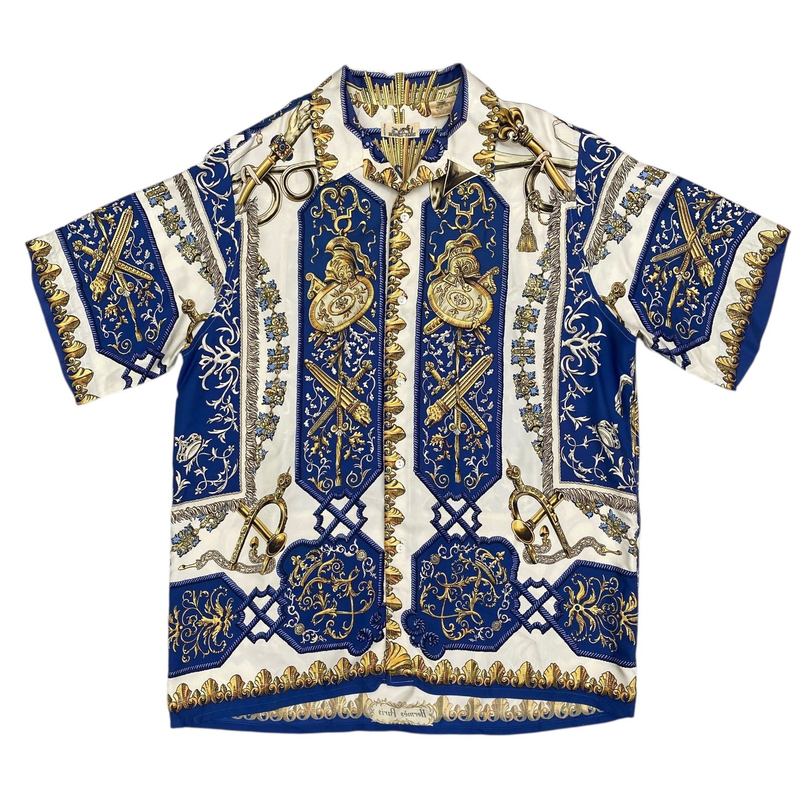 EM1147 HERMES エルメス シルクシャツ ブルー 半袖 メンズ