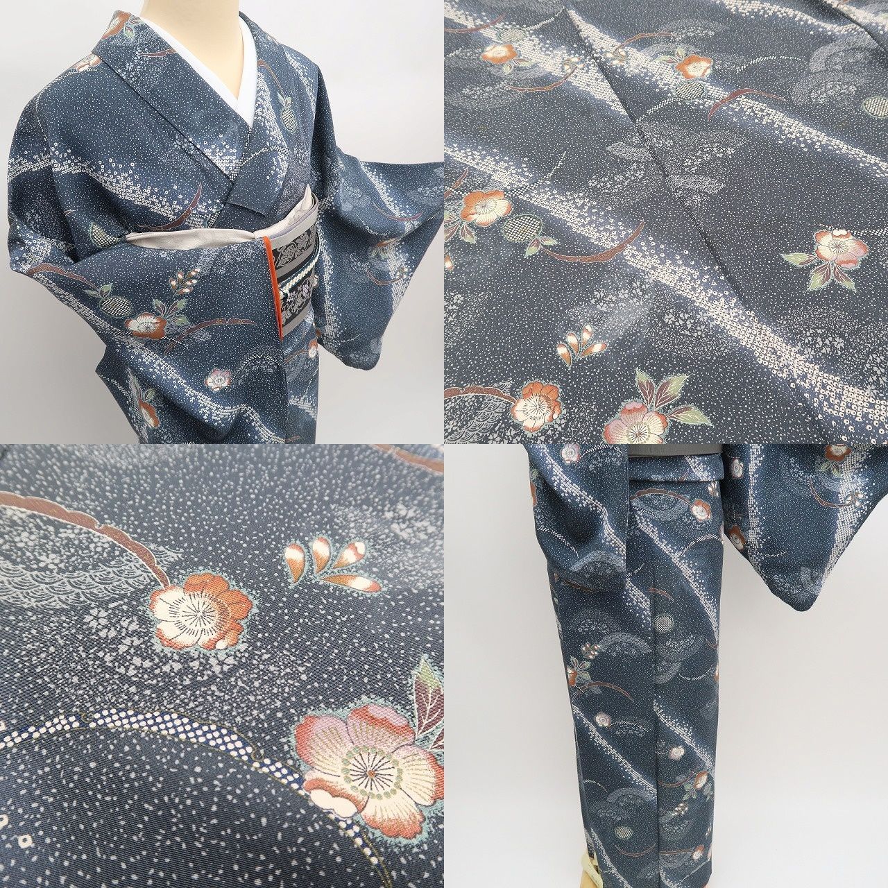 ✾まめ藤✾m2366＊美品 正絹 辻が花 絞り柄 雪芝 菊 ワイドサイズ