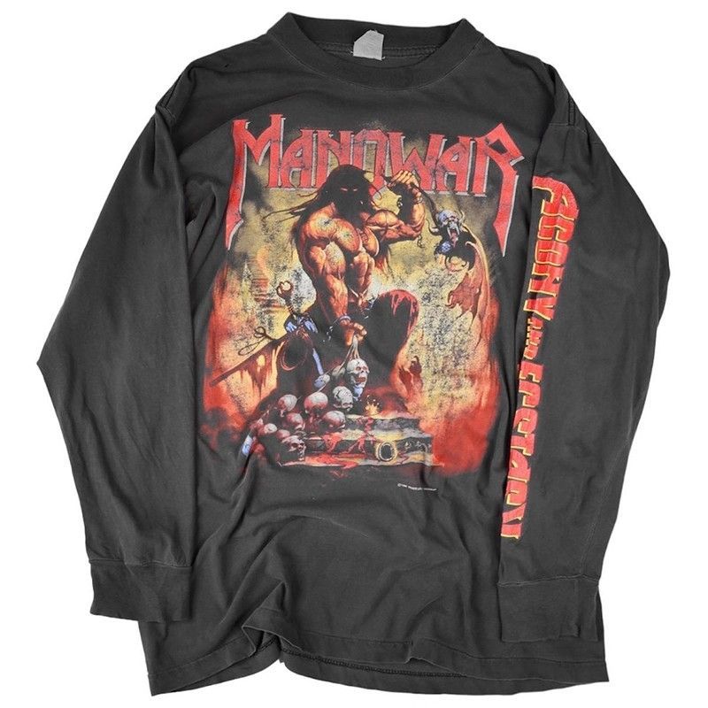 新品未使用 h 240g！希少ダメージ加工Tシャツ！Manowarロックバンド ハイストリート アメカジ ヴィンテージ 長袖ユニセックス
