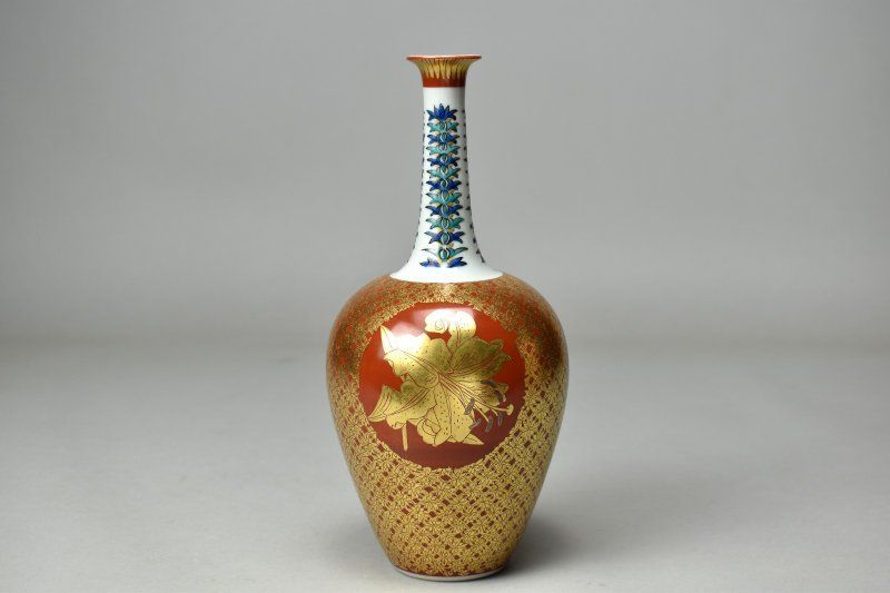 蔵A5120a】九谷 北出星光 金襴手 競花図 壷 壺 花入 共箱 師：北出塔