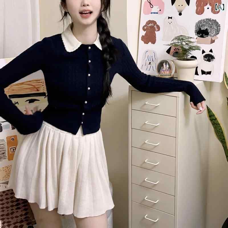 ニットカーディガン レディース 秋冬 ウール 花柄襟 長袖 ショート丈 トップス 紺色 ネイビー クリスマスレッド きれいめ かわいい