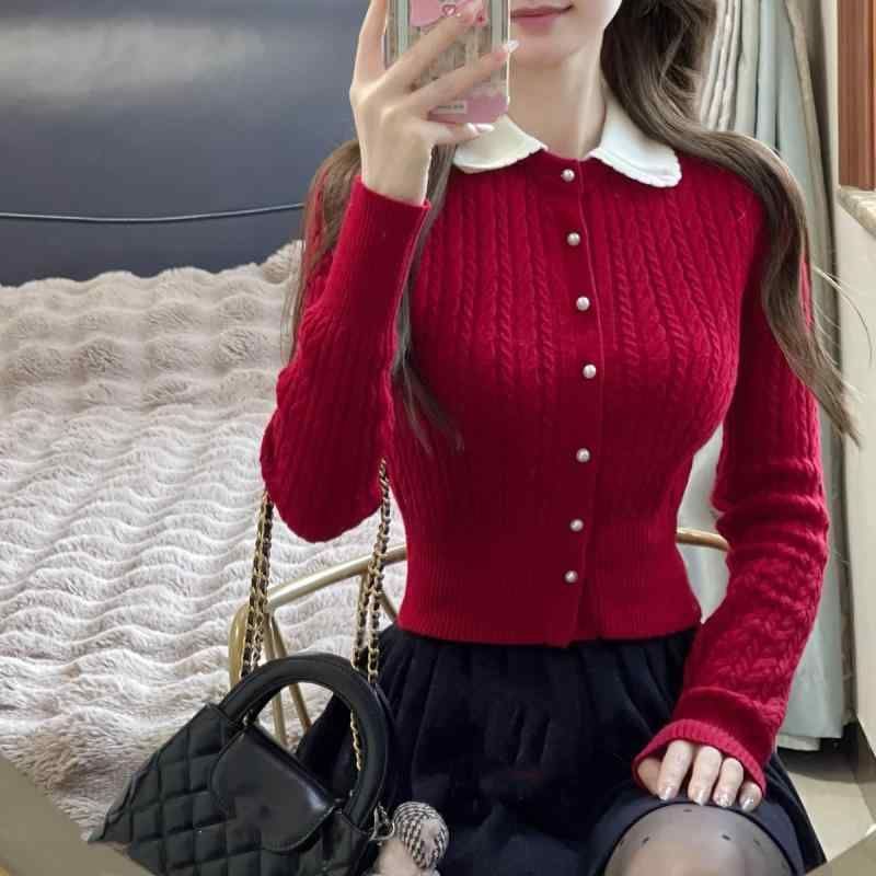 ニットカーディガン レディース 秋冬 ウール 花柄襟 長袖 ショート丈 トップス 紺色 ネイビー クリスマスレッド きれいめ かわいい