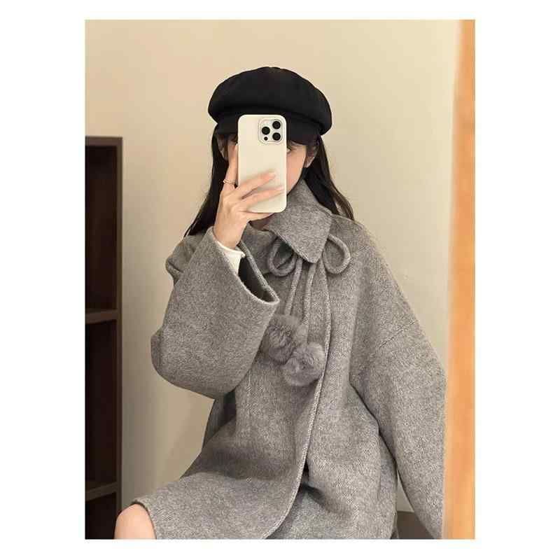 コート レディース クリスマス 赤 ダブルフェイス ウール ミドル丈 ゆったり 韓国風 アウター 防寒 グレー ベージュ Mサイズ Lサイズ