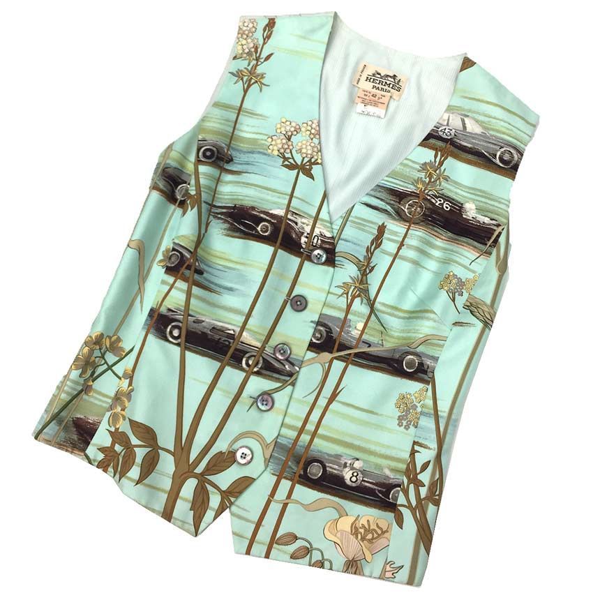 HERMES エルメス シルク ベスト ジレ 42サイズ マルジェラ期 車柄 LES BOLIDES シェルボタン ヴィンテージ aq11807