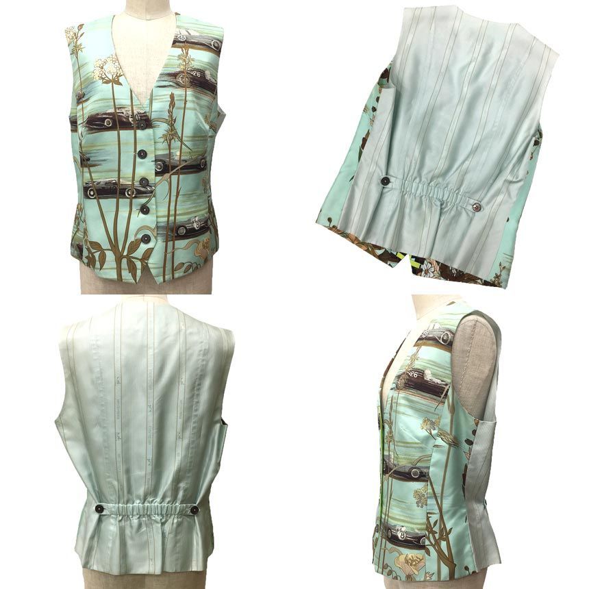 HERMES エルメス シルク ベスト ジレ 42サイズ マルジェラ期 車柄 LES BOLIDES シェルボタン ヴィンテージ aq11807