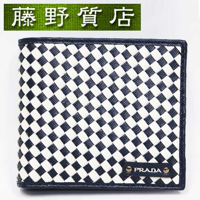 プラダ PRADA 二つ折り財布 レザー ネイビー 白 ゴールド金具 2M0738 プラダ 財布 メンズ レディース ウォレット ブランド 財布 二つ折り コンパクト 折りたたみ財布 8146