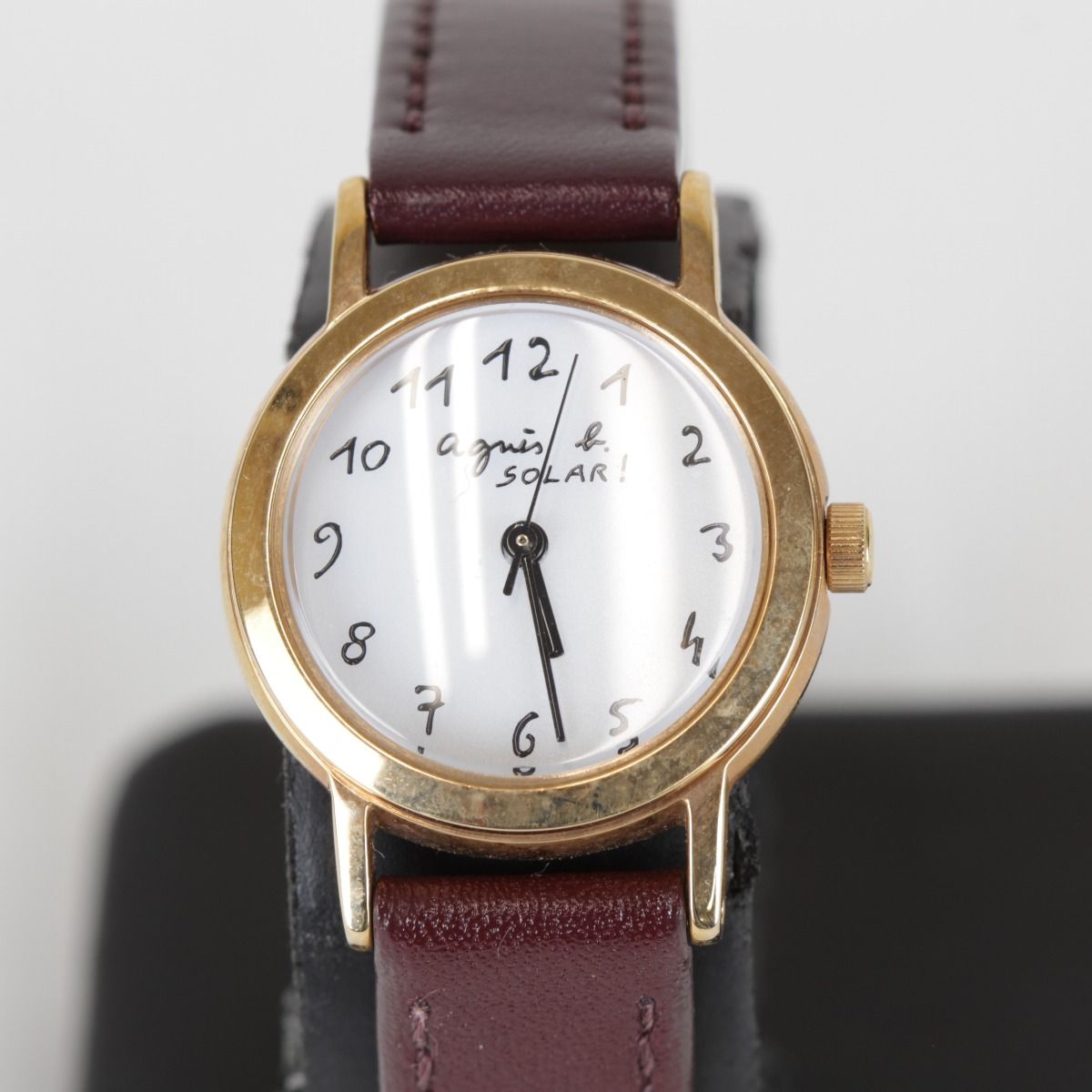 agnes b. アニエスベー V117-0AT0 ソーラー 箱 説明書付 腕時計 ステンレススチール レザー ホワイト ワイン レディース