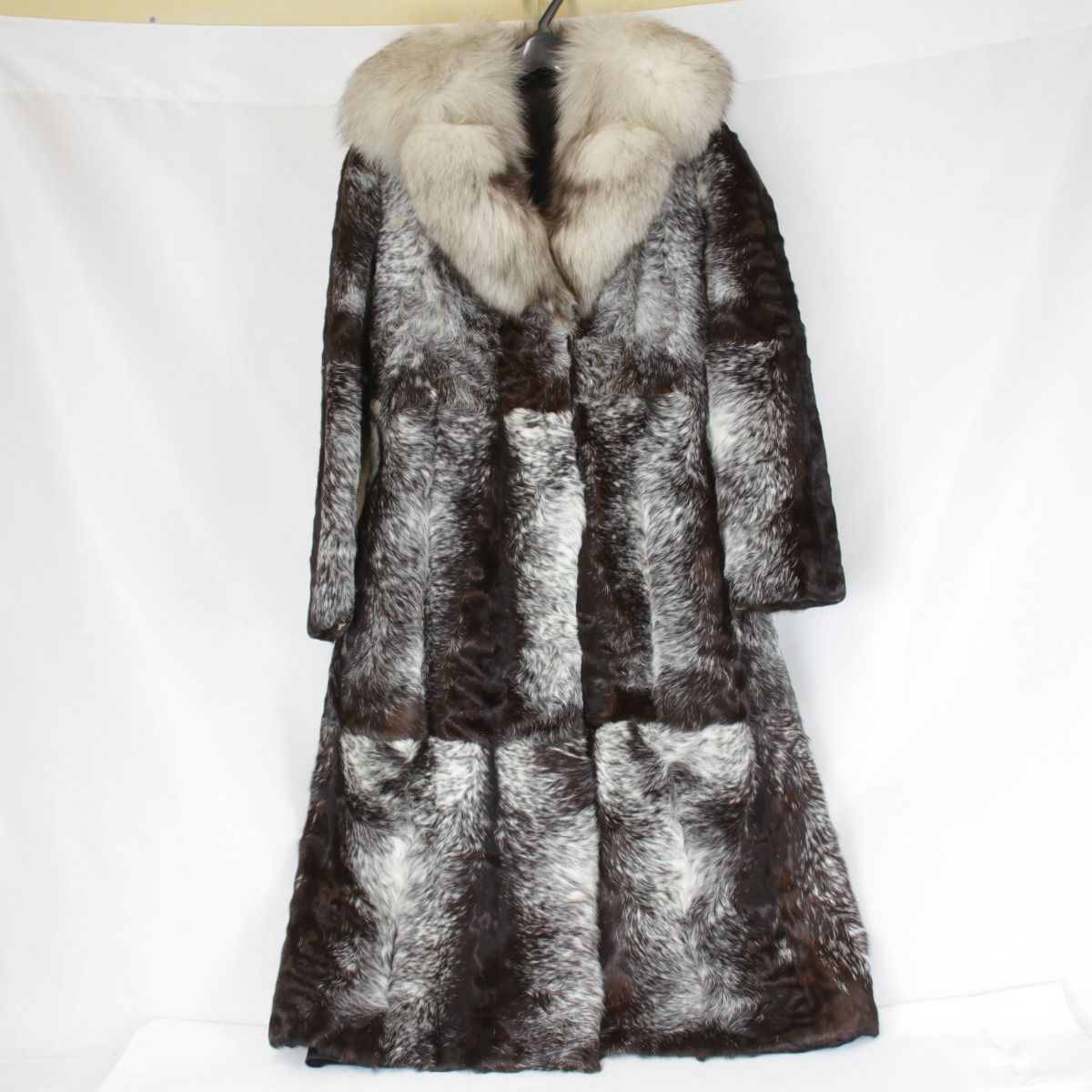 ロングコート アウター 11号 ホワイト×ブラウン 本毛皮 レディース ミモレ丈 リアルファー ボリューム もこもこ