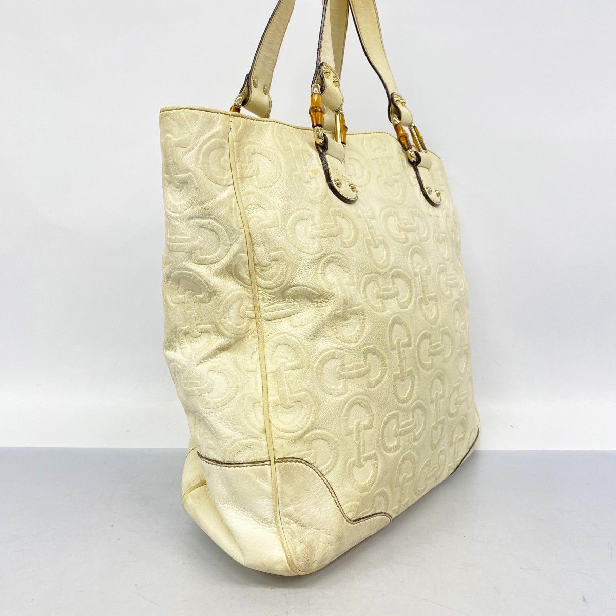 5ob0781-h グッチ ハンドバッグ バンブー ホースビット 154375 レザー アイボリー シャンパンゴールド金具 レディース