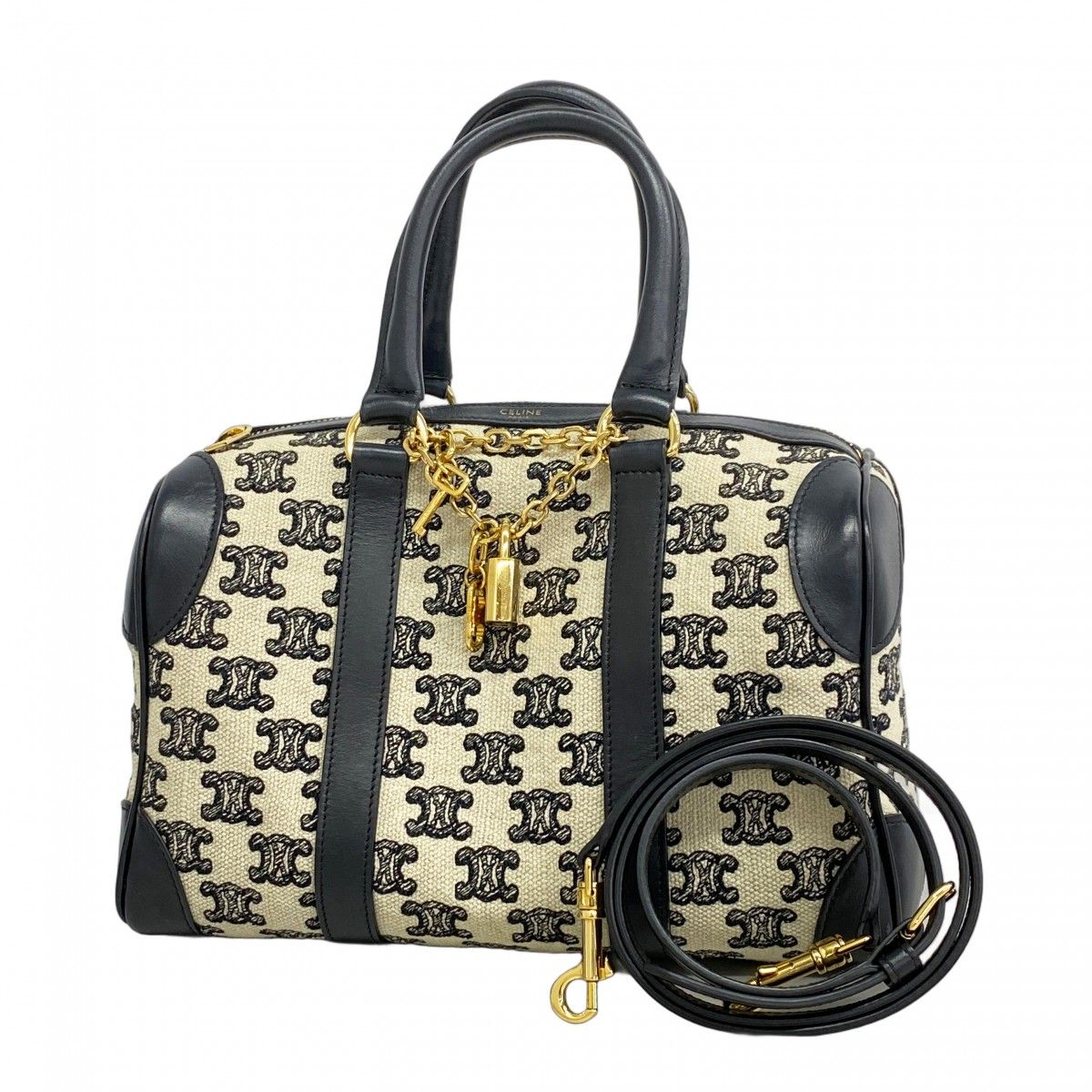 5oc1454 セリーヌ ハンドバッグ トリオンフ キャンバス ネイビー ホワイト ゴールド金具 2wayバッグ レディース