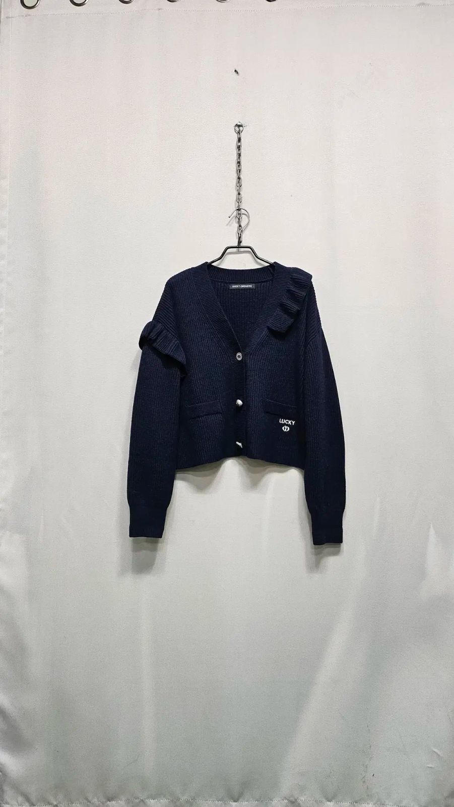 LUCKY CHOUETTE ラッキーシュエトゥ ウール混 ウールブレンド ニットカーディガン ネイビー-23年商品