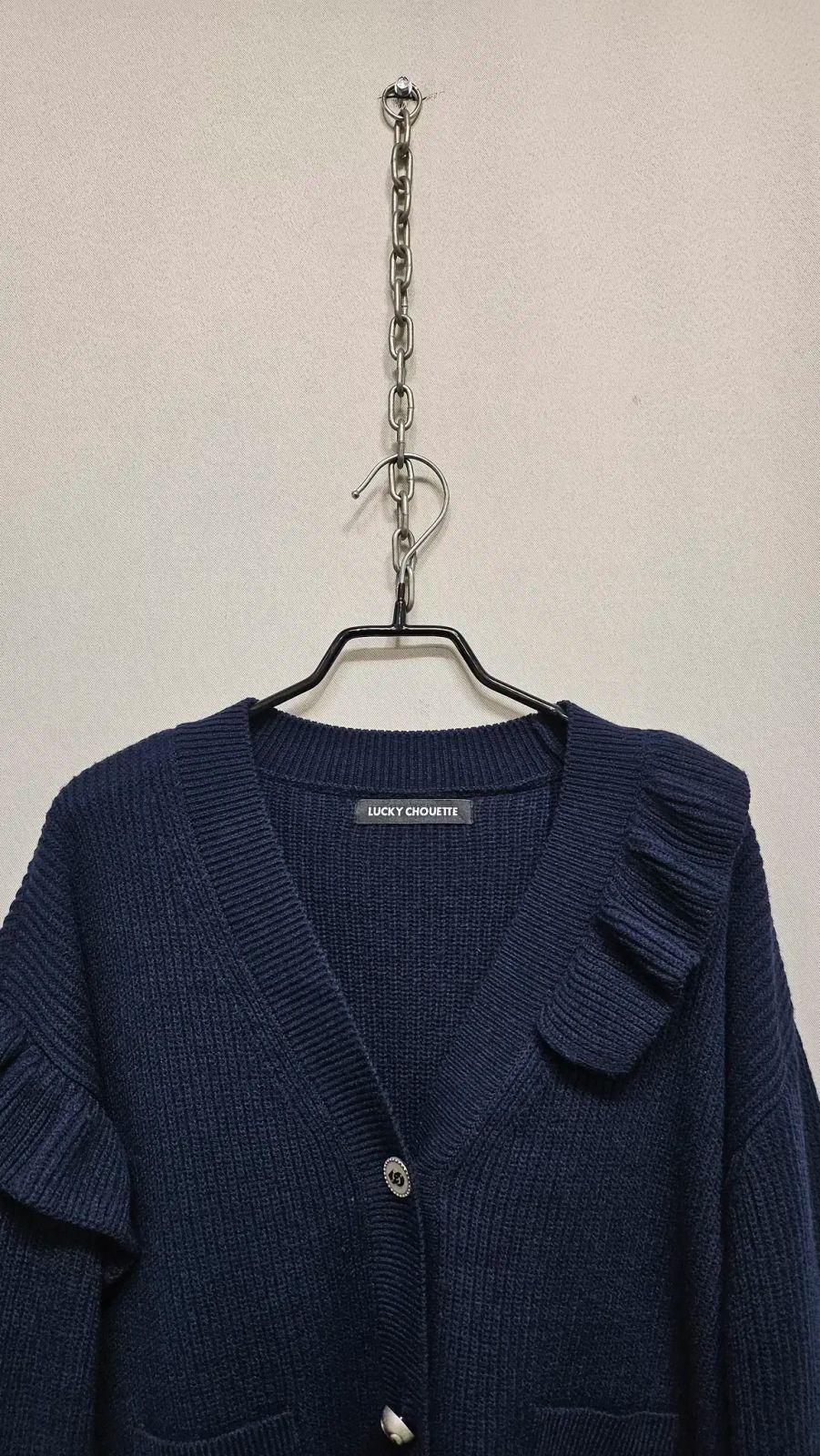LUCKY CHOUETTE ラッキーシュエトゥ ウール混 ウールブレンド ニットカーディガン ネイビー-23年商品
